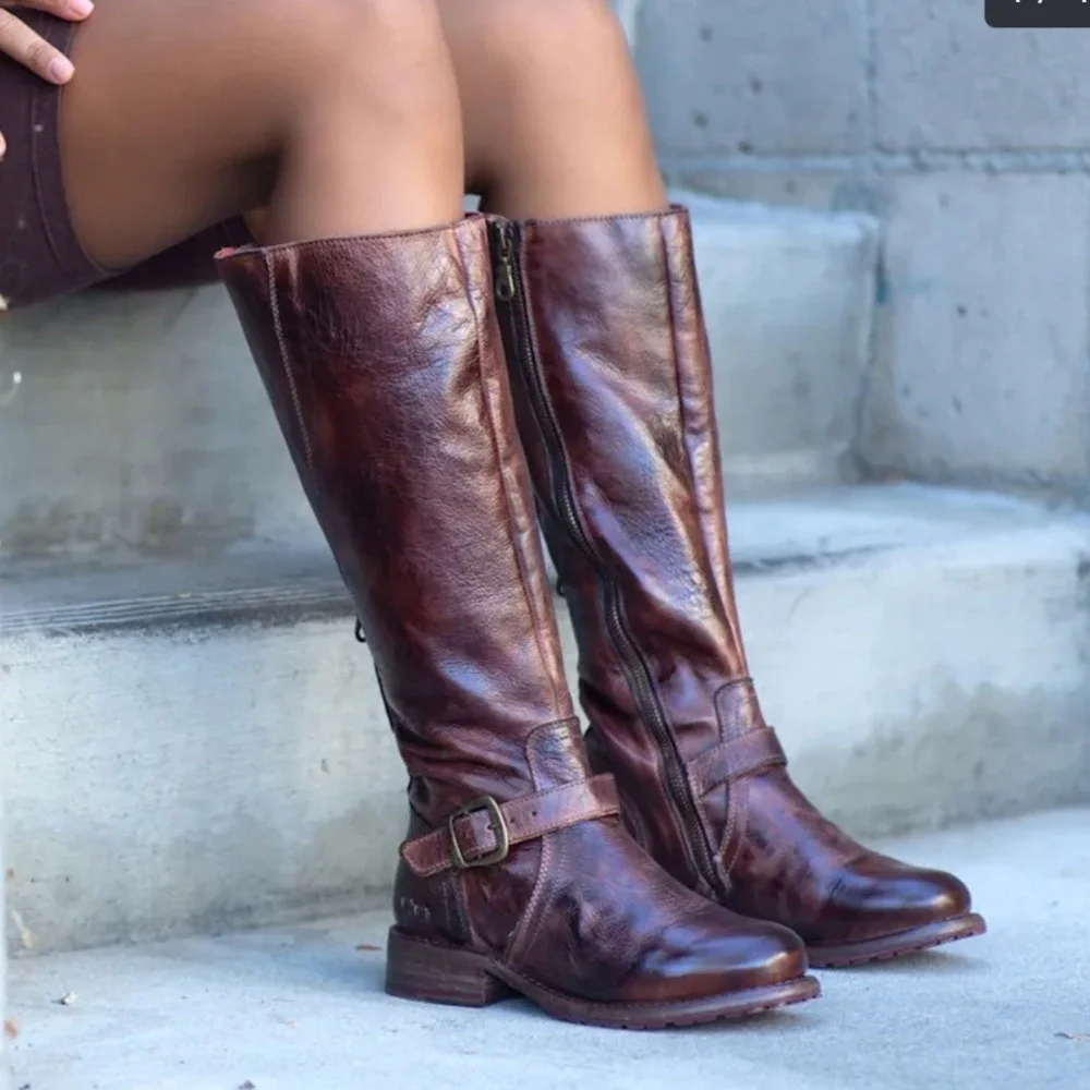 Bed Stu SZ 8 Manchester Tall Boots Brown Leather Distressed Double‎ Zip Buckle